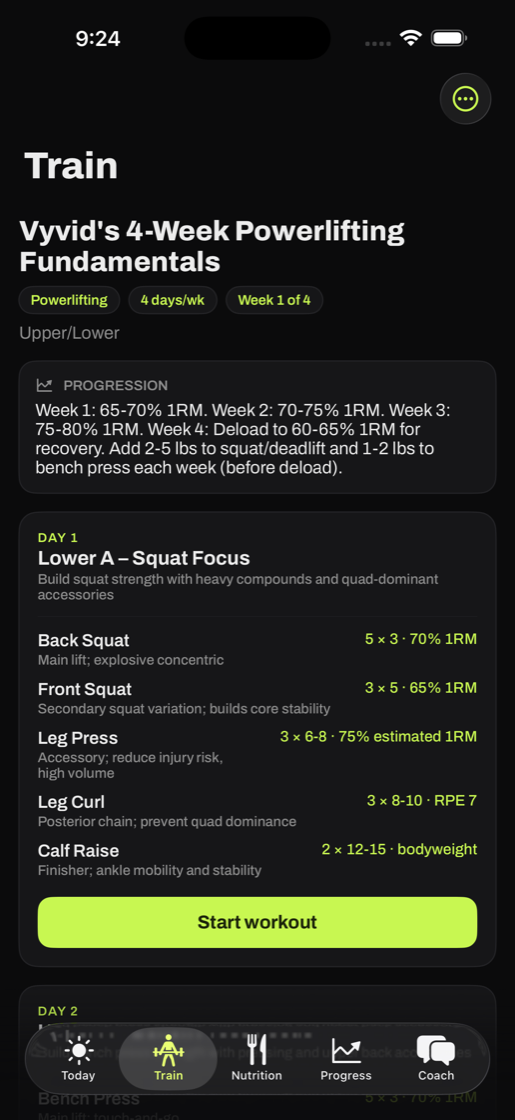 Vyvid training program screen with a four-week powerlifting plan
