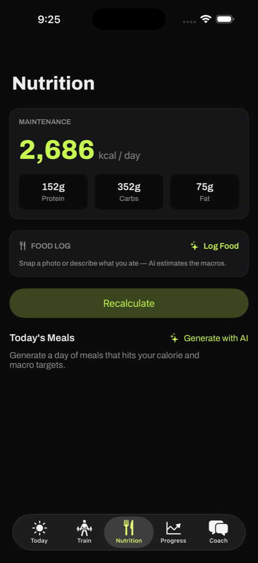 Vyvid nutrition screen with macro targets and food log